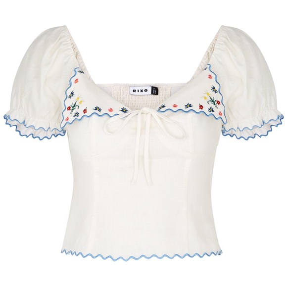 New with Tags. RIXO Embroidered White Linen Puff Sleeve Blouse. Size Small - Picture 1 of 6